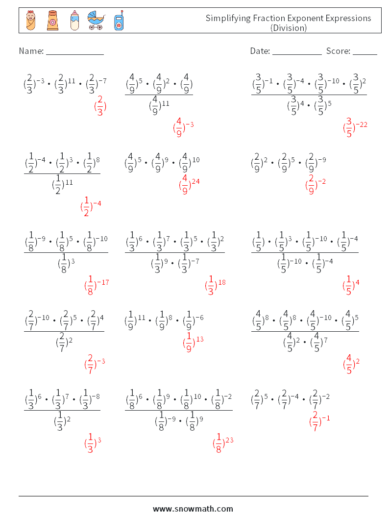 Simplifying Fraction Exponent Expressions (Division) Math Worksheets 8 Question, Answer