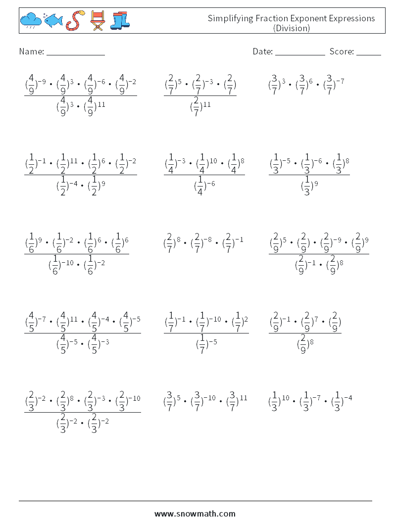 Simplifying Fraction Exponent Expressions (Division) Math Worksheets 9