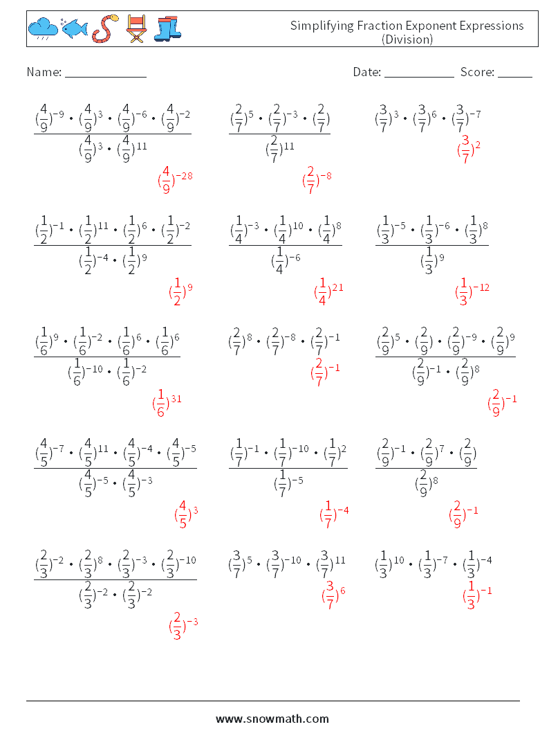 Simplifying Fraction Exponent Expressions (Division) Math Worksheets 9 Question, Answer