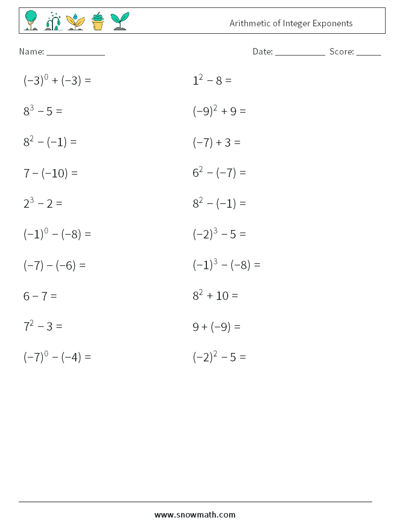 Arithmetic of Integer Exponents Math Worksheets 1