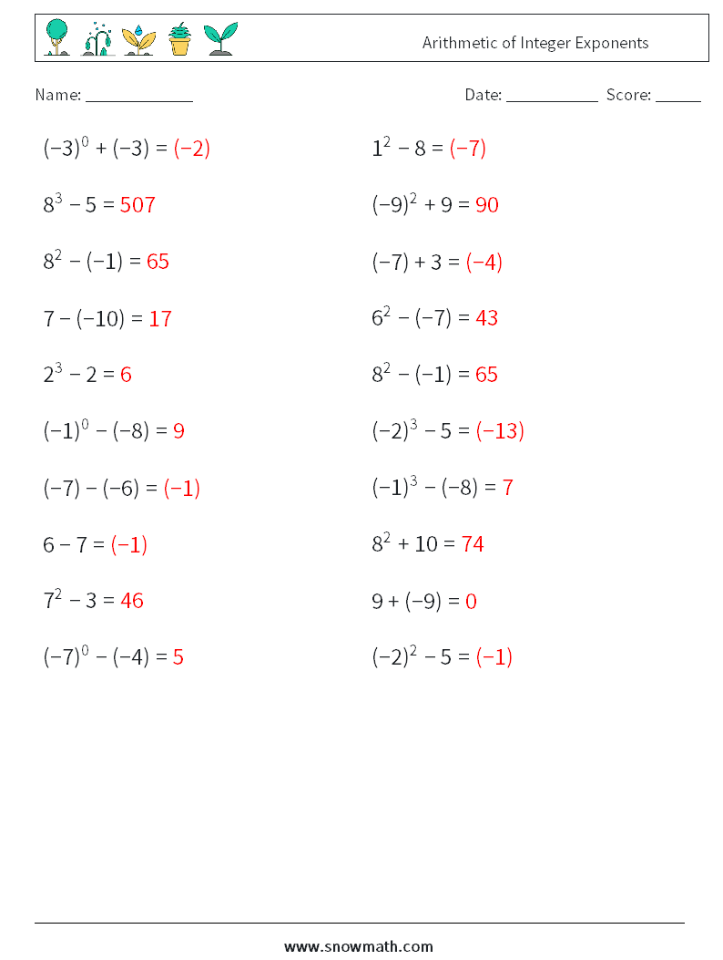 Arithmetic of Integer Exponents Math Worksheets 1 Question, Answer