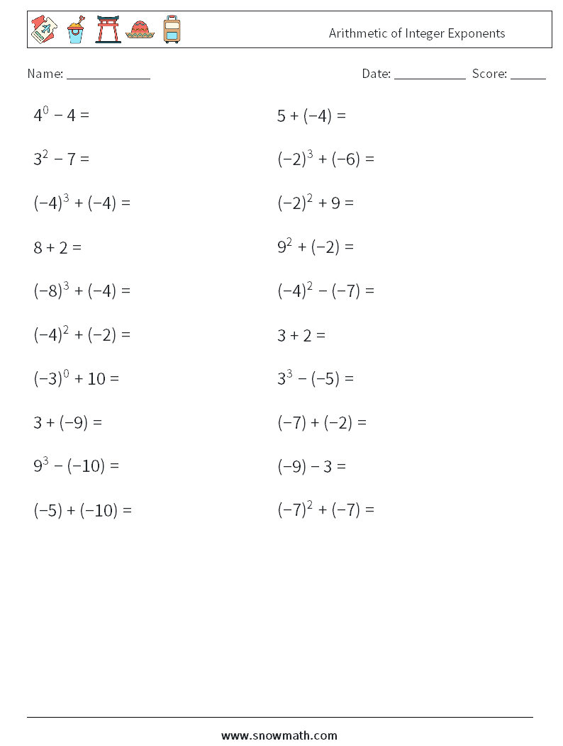 Arithmetic of Integer Exponents Math Worksheets 2