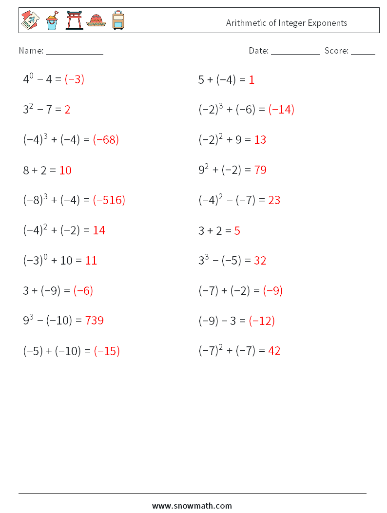 Arithmetic of Integer Exponents Math Worksheets 2 Question, Answer