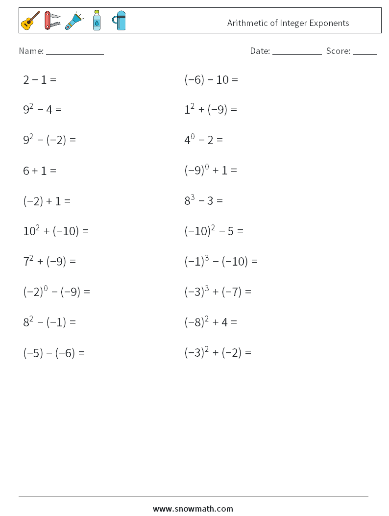 Arithmetic of Integer Exponents Math Worksheets 3