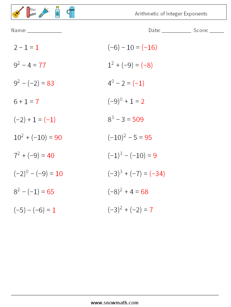 Arithmetic of Integer Exponents Math Worksheets 3 Question, Answer