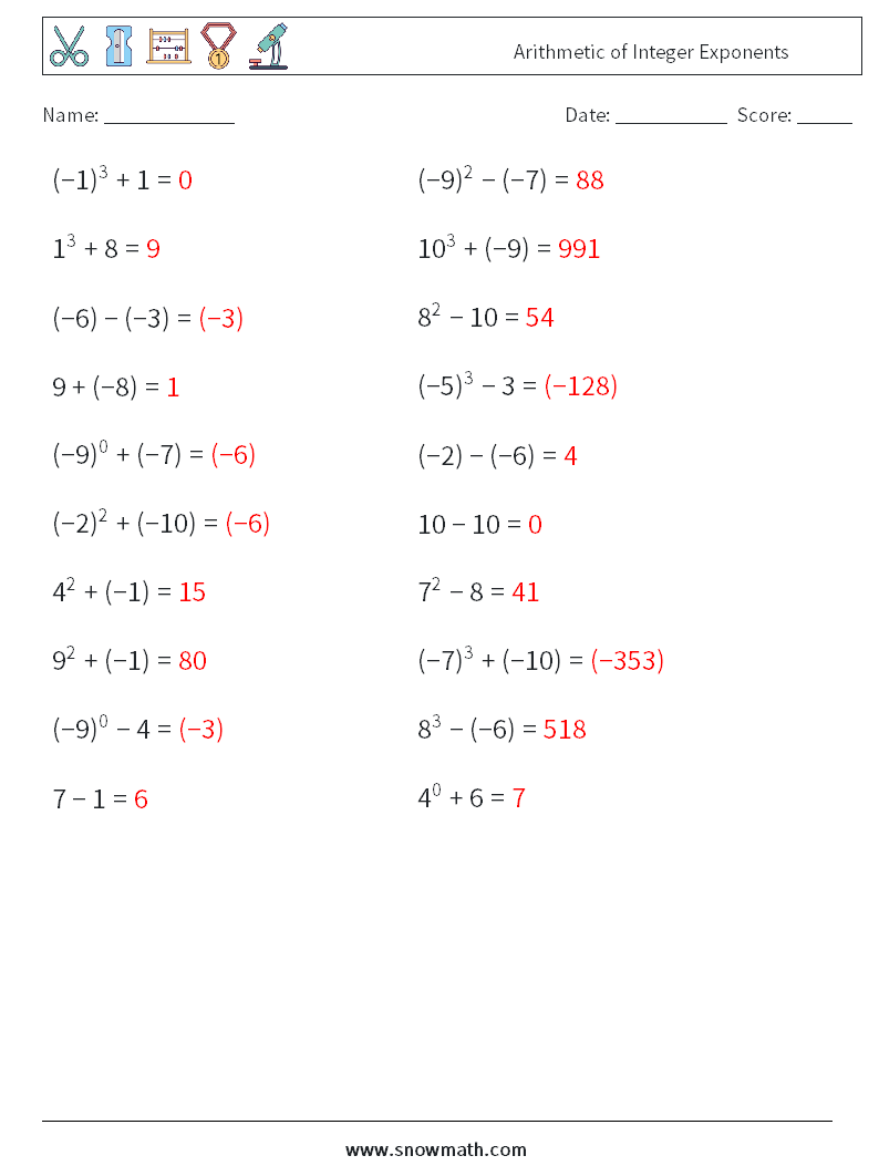 Arithmetic of Integer Exponents Math Worksheets 4 Question, Answer