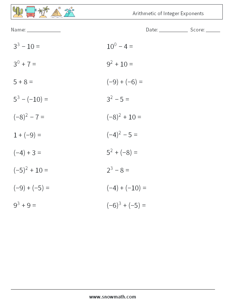 Arithmetic of Integer Exponents Math Worksheets 5