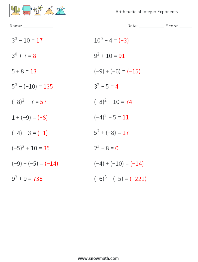 Arithmetic of Integer Exponents Math Worksheets 5 Question, Answer
