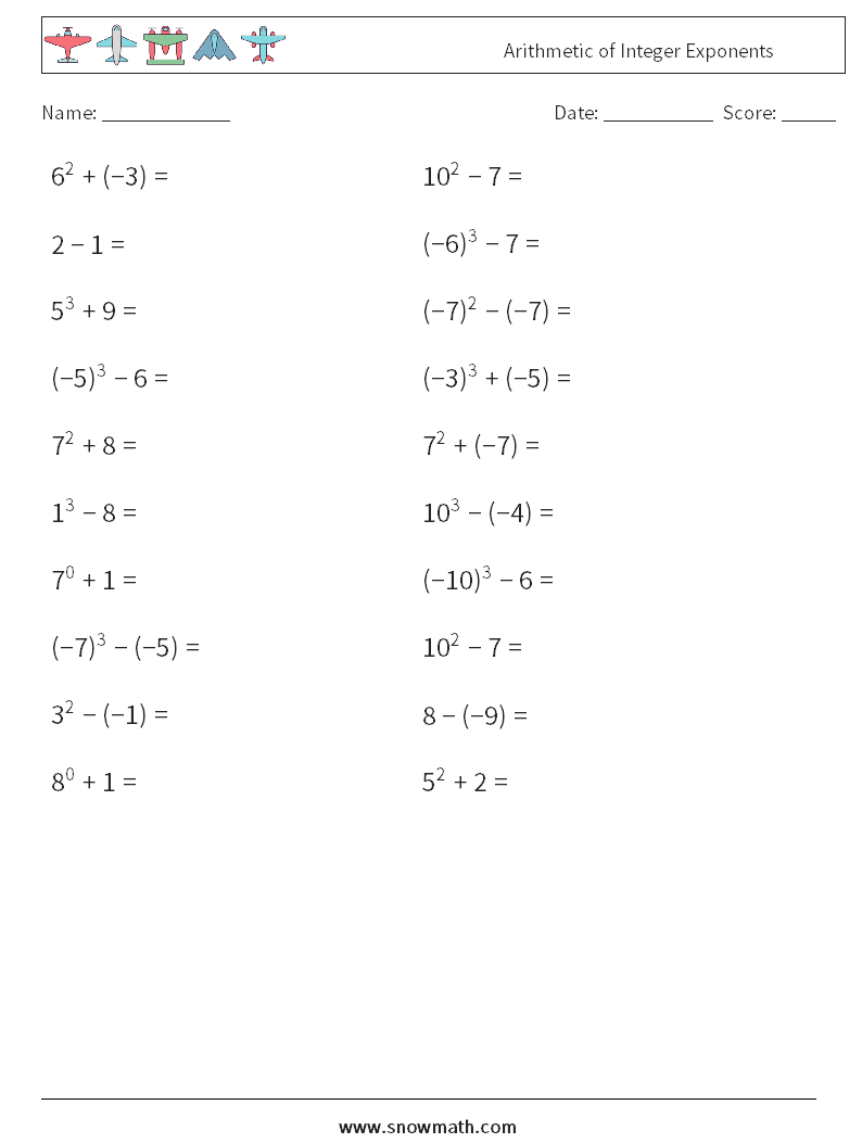 Arithmetic of Integer Exponents Math Worksheets 6