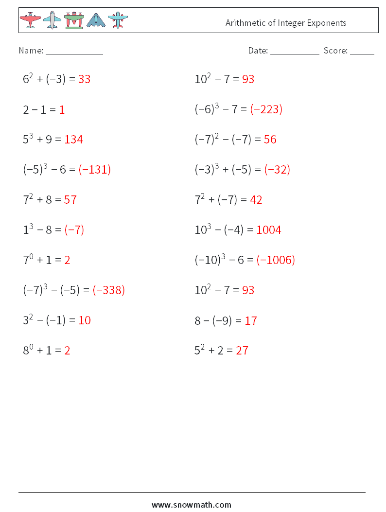 Arithmetic of Integer Exponents Math Worksheets 6 Question, Answer