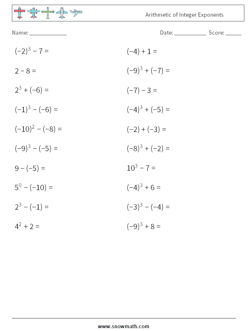 Arithmetic of Integer Exponents Math Worksheets 7