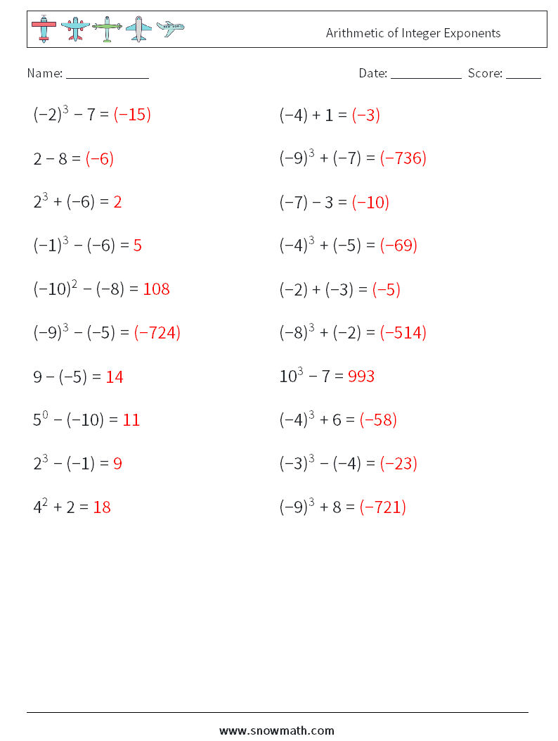 Arithmetic of Integer Exponents Math Worksheets 7 Question, Answer