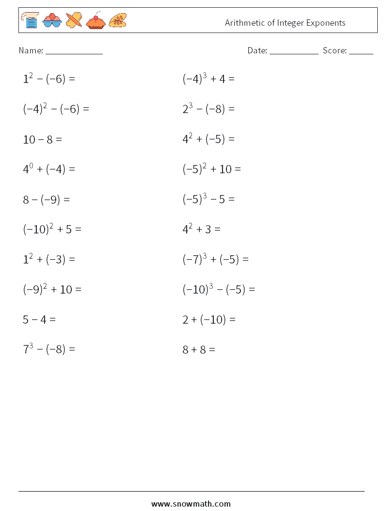 Arithmetic of Integer Exponents Math Worksheets 8