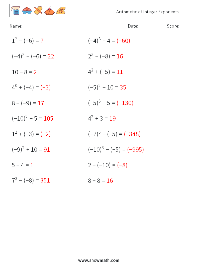 Arithmetic of Integer Exponents Math Worksheets 8 Question, Answer