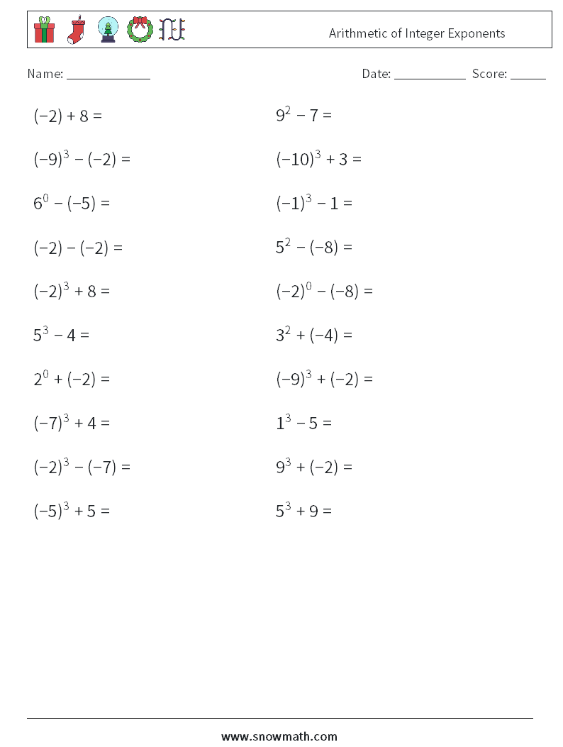 Arithmetic of Integer Exponents Math Worksheets 9