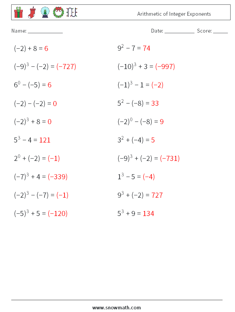 Arithmetic of Integer Exponents Math Worksheets 9 Question, Answer