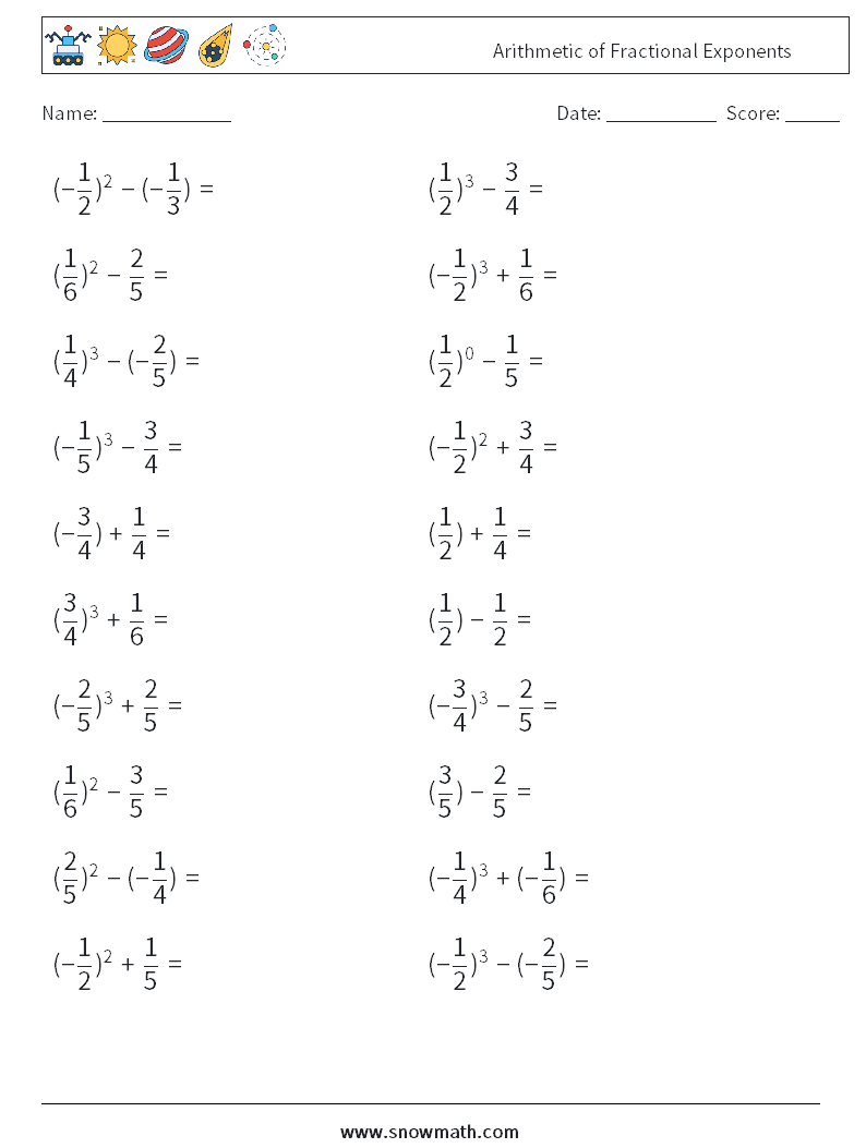 Arithmetic of Fractional Exponents Math Worksheets 1