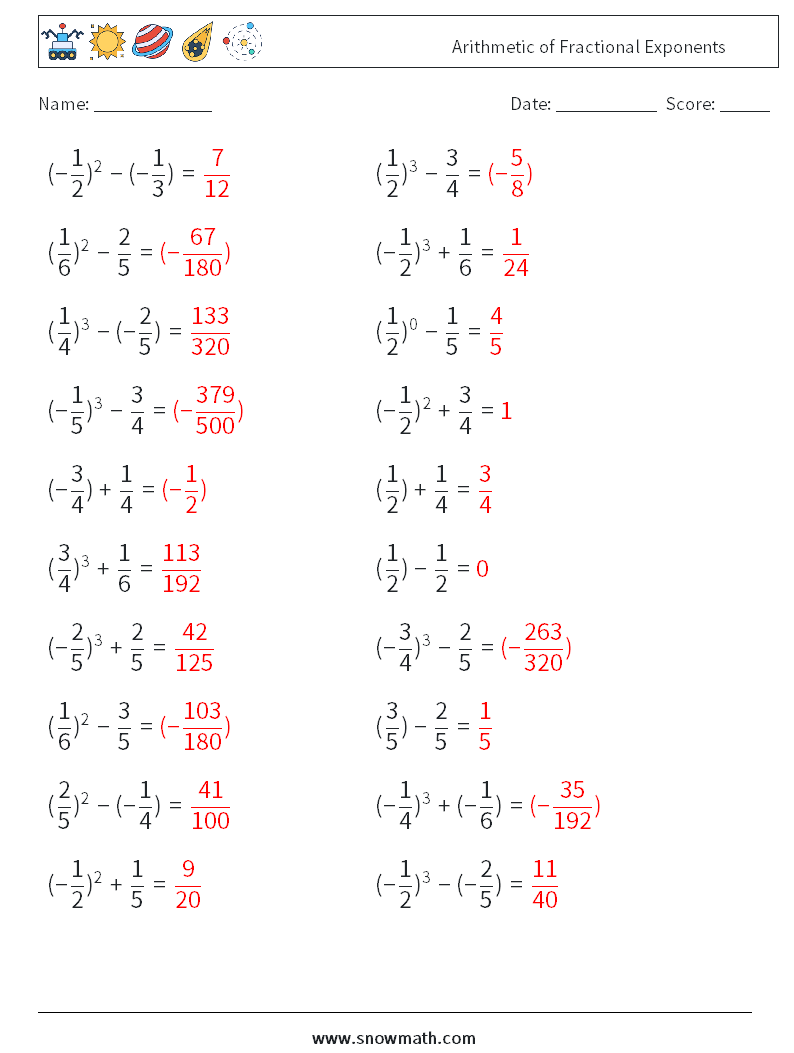 Arithmetic of Fractional Exponents Math Worksheets 1 Question, Answer