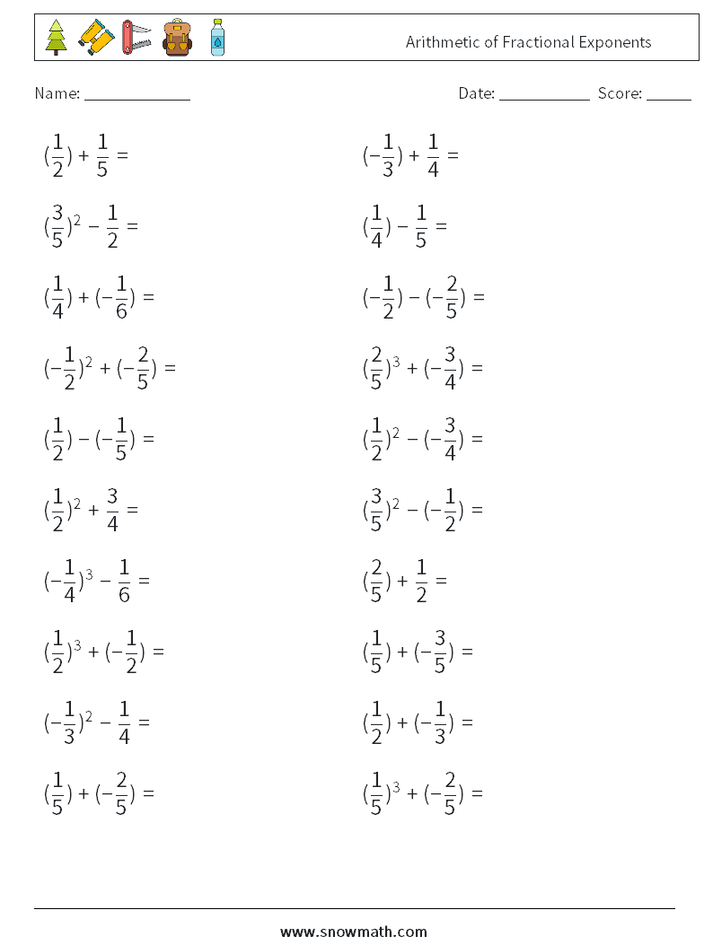 Arithmetic of Fractional Exponents Math Worksheets 2