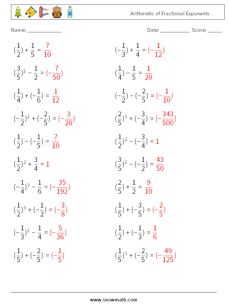 Arithmetic of Fractional Exponents Math Worksheets 2 Question, Answer