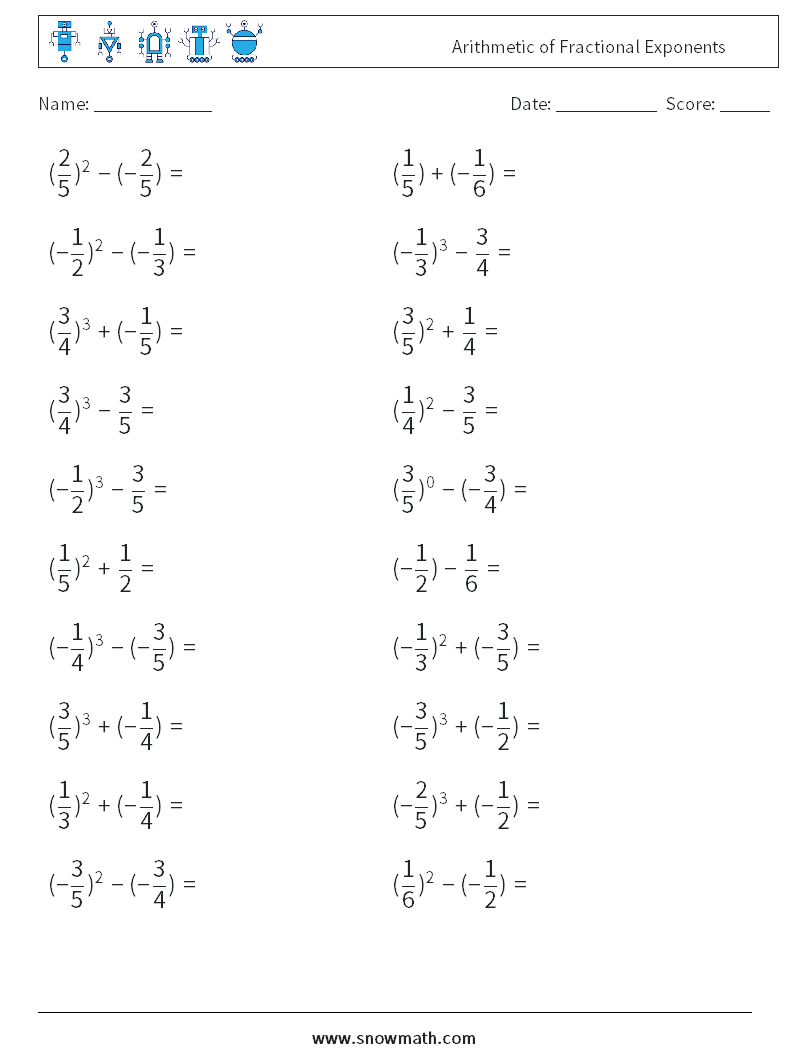 Arithmetic of Fractional Exponents Math Worksheets 3