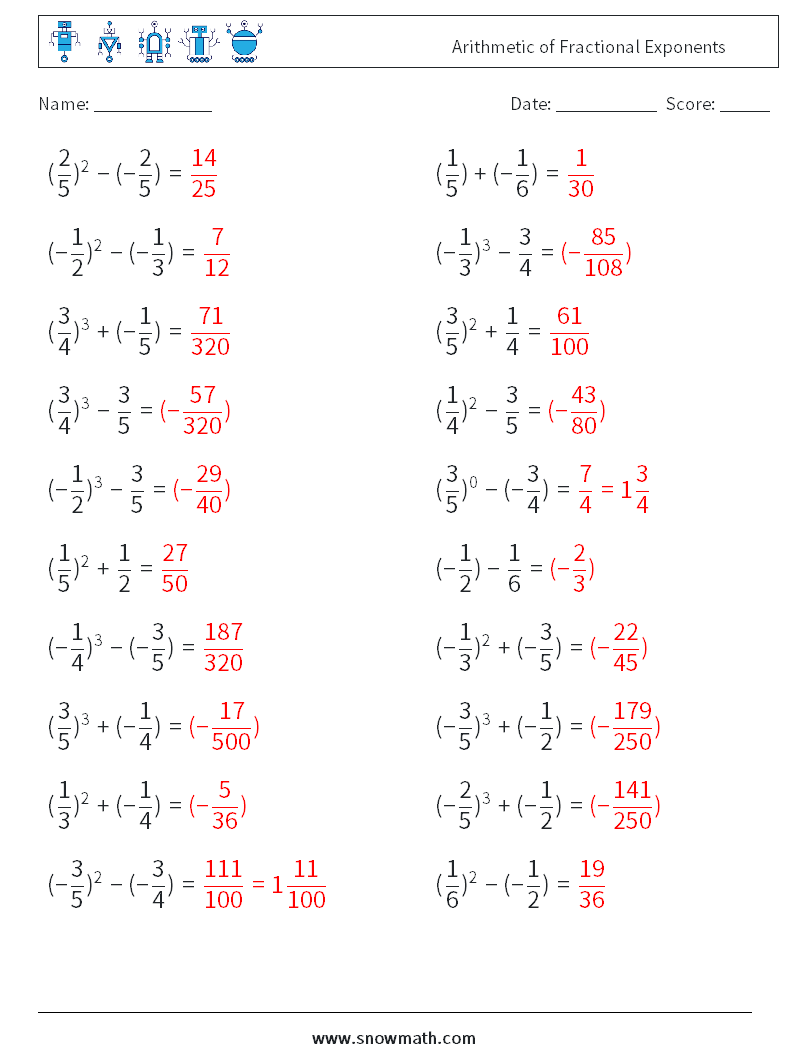 Arithmetic of Fractional Exponents Math Worksheets 3 Question, Answer