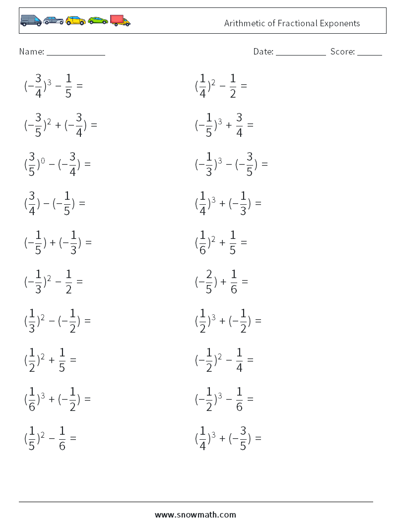Arithmetic of Fractional Exponents Math Worksheets 4