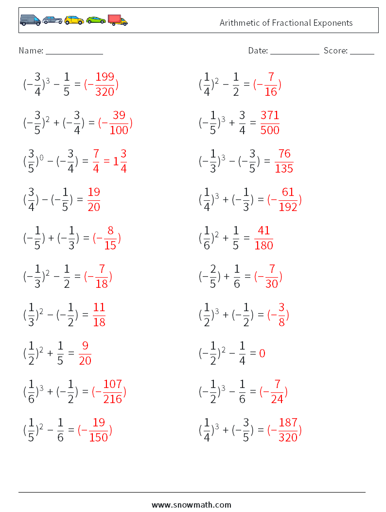 Arithmetic of Fractional Exponents Math Worksheets 4 Question, Answer