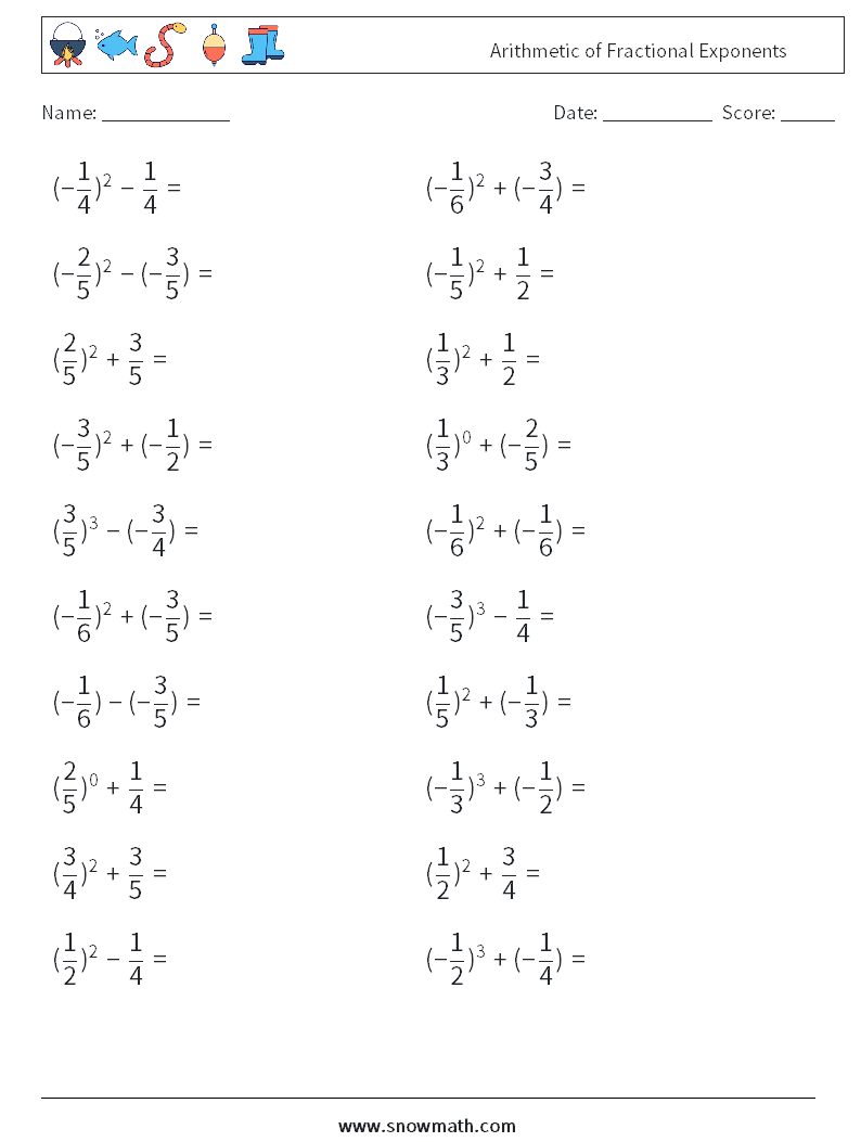 Arithmetic of Fractional Exponents Math Worksheets 5