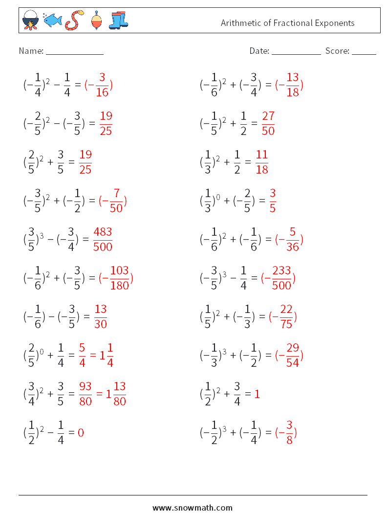 Arithmetic of Fractional Exponents Math Worksheets 5 Question, Answer