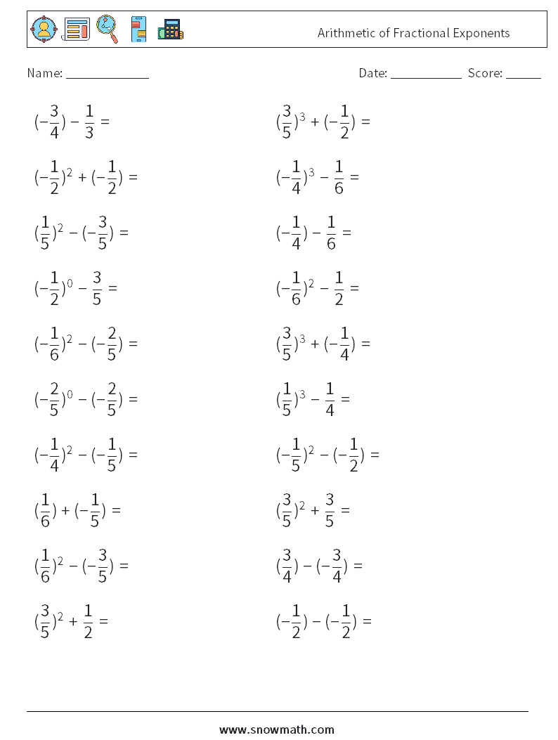 Arithmetic of Fractional Exponents Math Worksheets 6