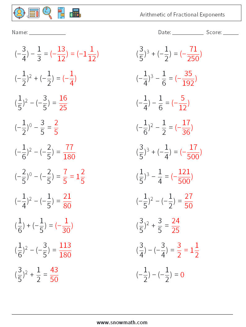 Arithmetic of Fractional Exponents Math Worksheets 6 Question, Answer