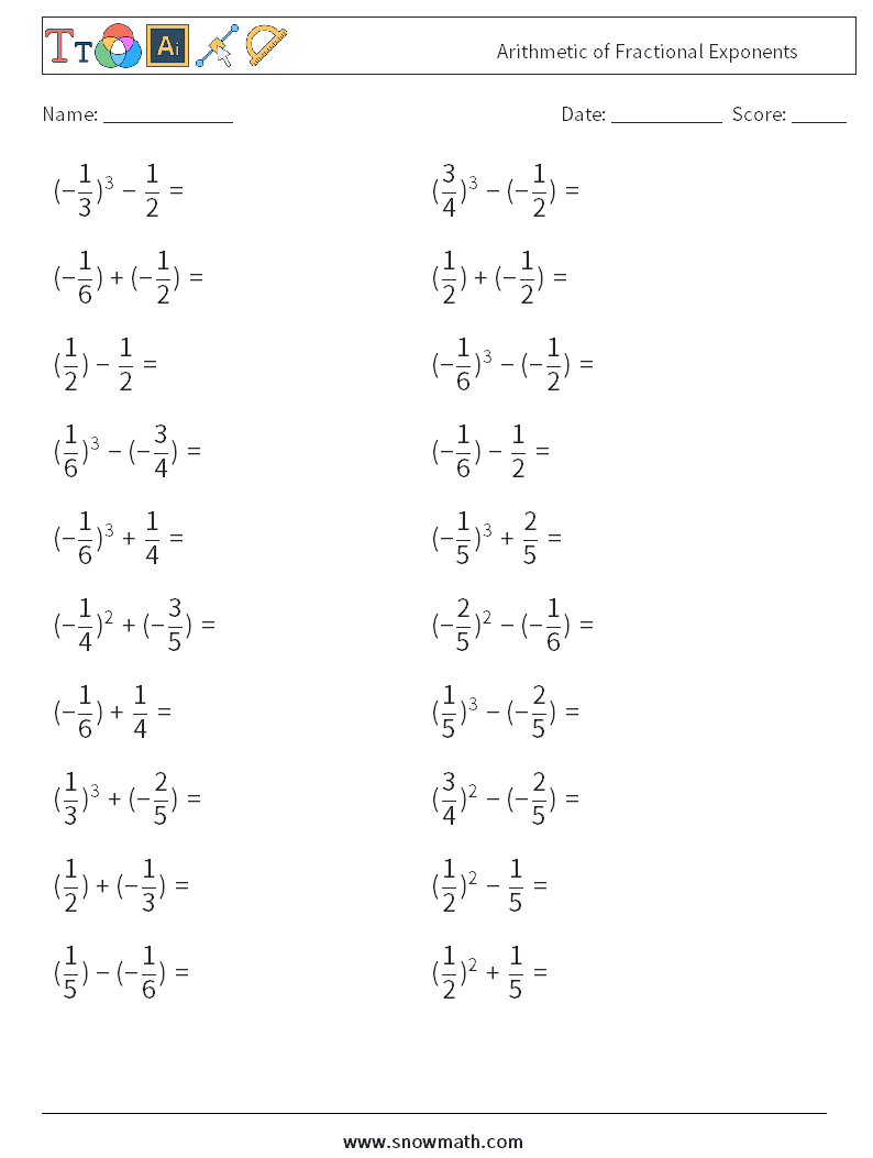 Arithmetic of Fractional Exponents Math Worksheets 7