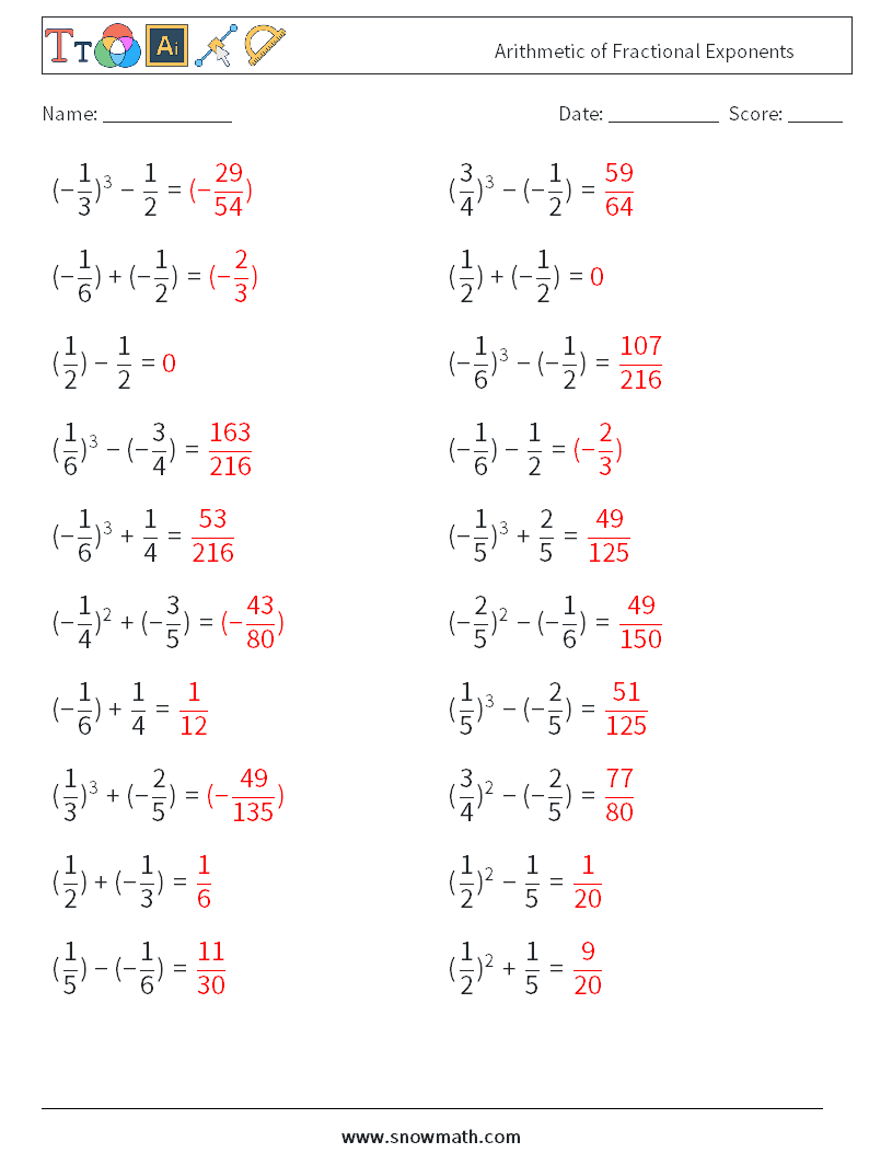 Arithmetic of Fractional Exponents Math Worksheets 7 Question, Answer