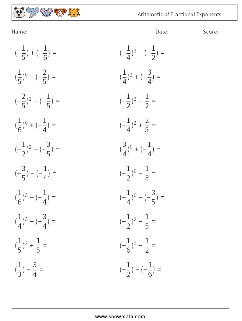 Arithmetic of Fractional Exponents Math Worksheets 8