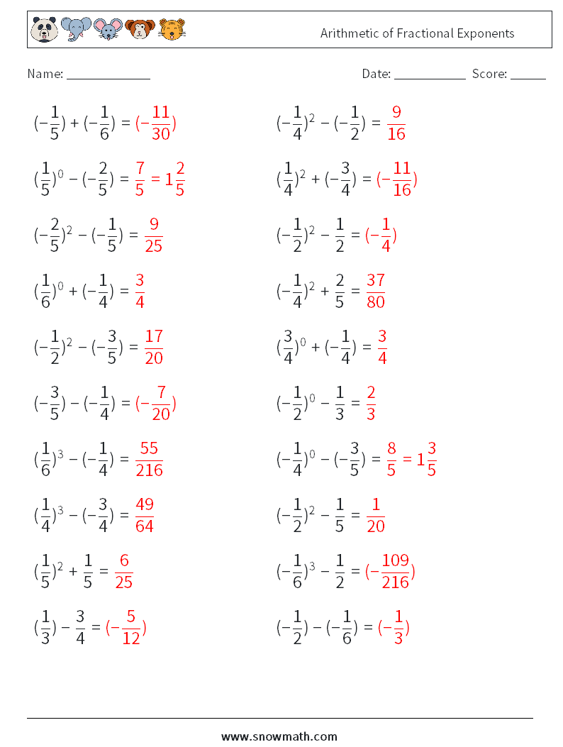 Arithmetic of Fractional Exponents Math Worksheets 8 Question, Answer