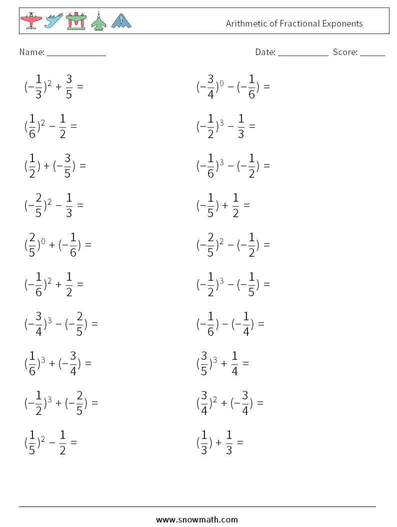 Arithmetic of Fractional Exponents Math Worksheets 9