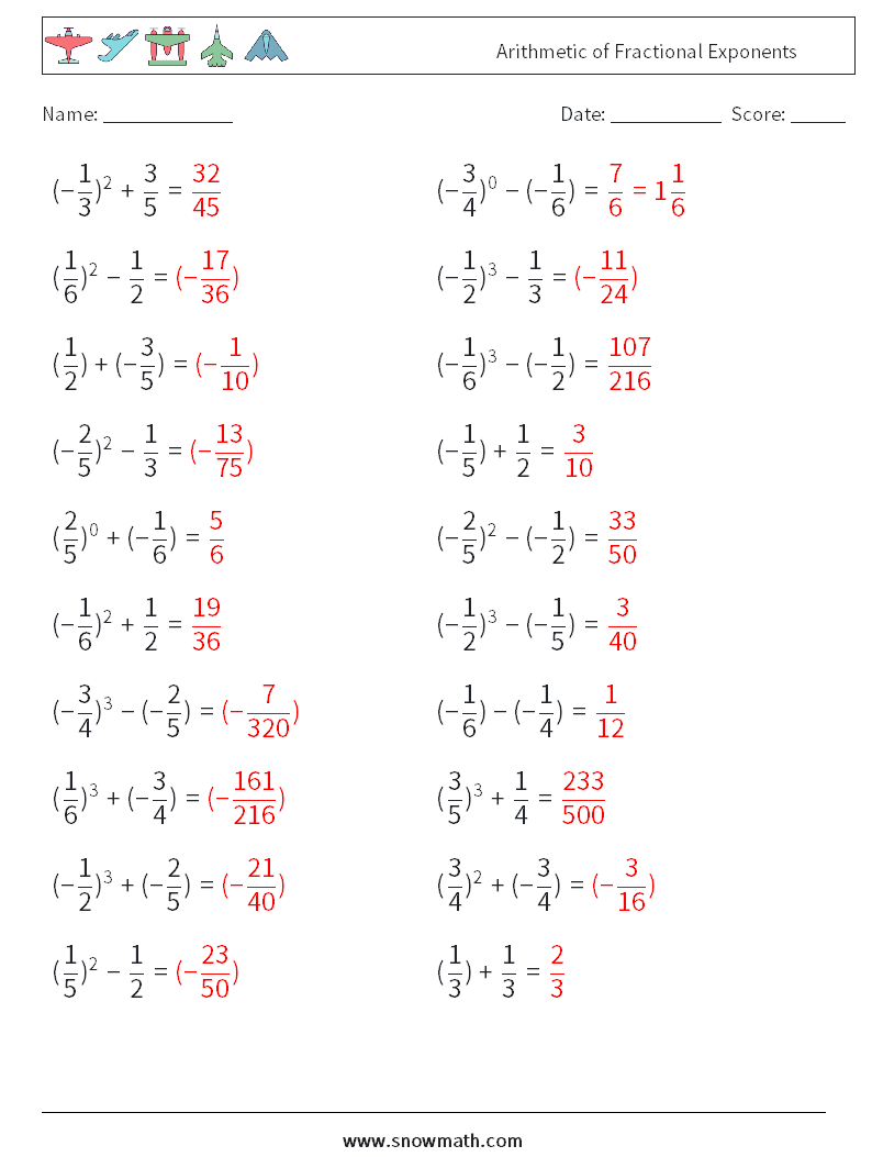 Arithmetic of Fractional Exponents Math Worksheets 9 Question, Answer