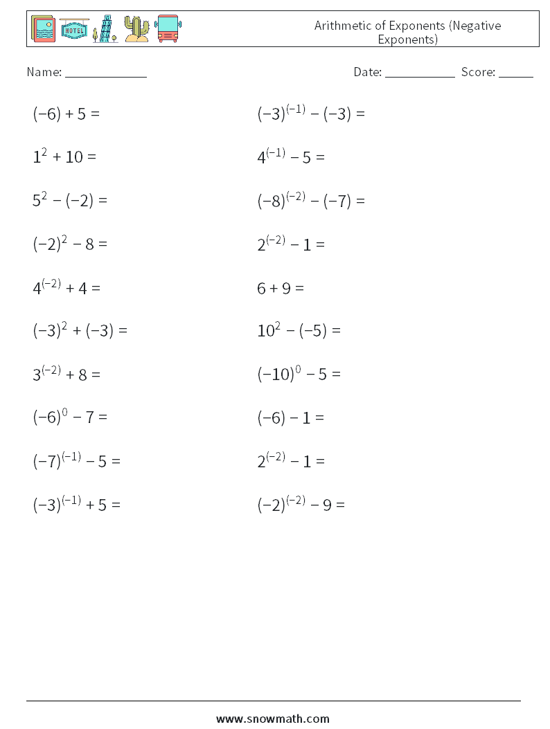  Arithmetic of Exponents (Negative Exponents) Math Worksheets 1