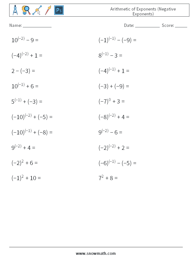  Arithmetic of Exponents (Negative Exponents) Math Worksheets 2
