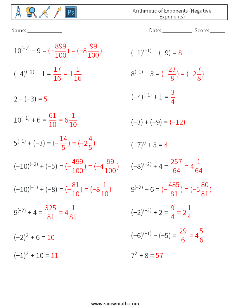  Arithmetic of Exponents (Negative Exponents) Math Worksheets 2 Question, Answer