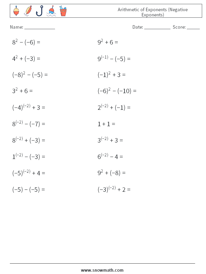  Arithmetic of Exponents (Negative Exponents) Math Worksheets 3
