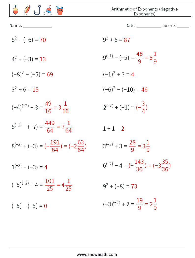  Arithmetic of Exponents (Negative Exponents) Math Worksheets 3 Question, Answer