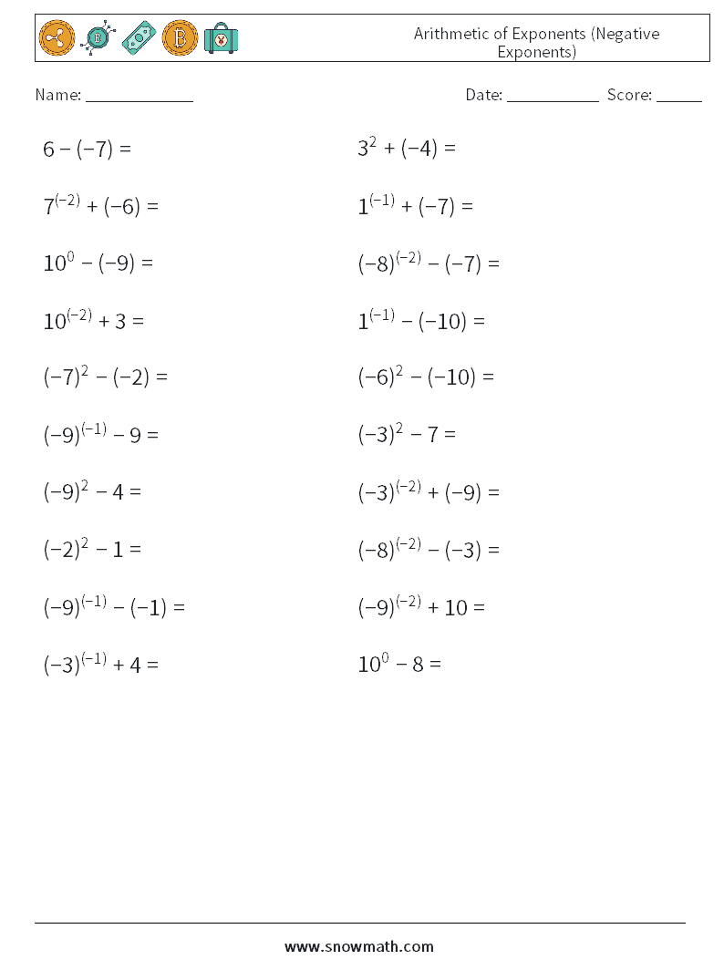  Arithmetic of Exponents (Negative Exponents) Math Worksheets 4