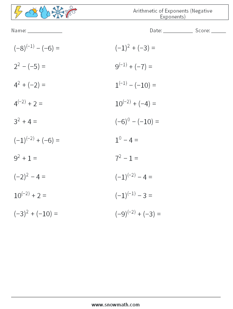  Arithmetic of Exponents (Negative Exponents) Math Worksheets 5