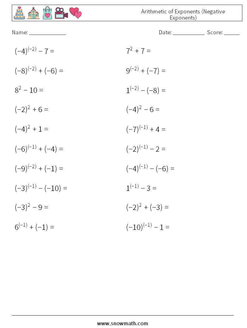  Arithmetic of Exponents (Negative Exponents) Math Worksheets 6