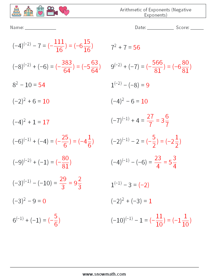  Arithmetic of Exponents (Negative Exponents) Math Worksheets 6 Question, Answer