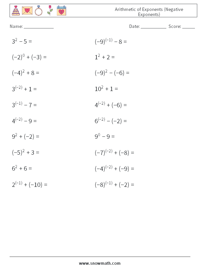  Arithmetic of Exponents (Negative Exponents) Math Worksheets 7