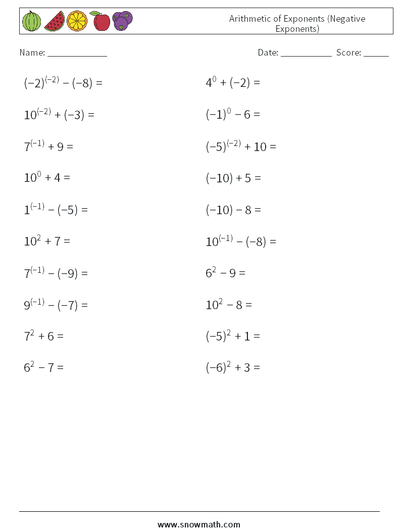  Arithmetic of Exponents (Negative Exponents) Math Worksheets 8