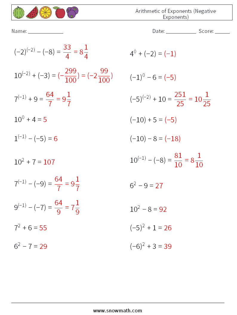  Arithmetic of Exponents (Negative Exponents) Math Worksheets 8 Question, Answer